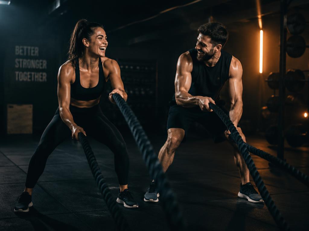 Two people training together with battle ropes