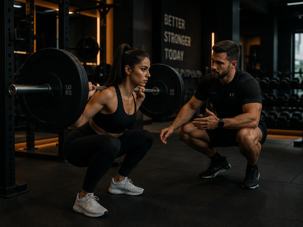 Personal trainer coaching a client through a squat